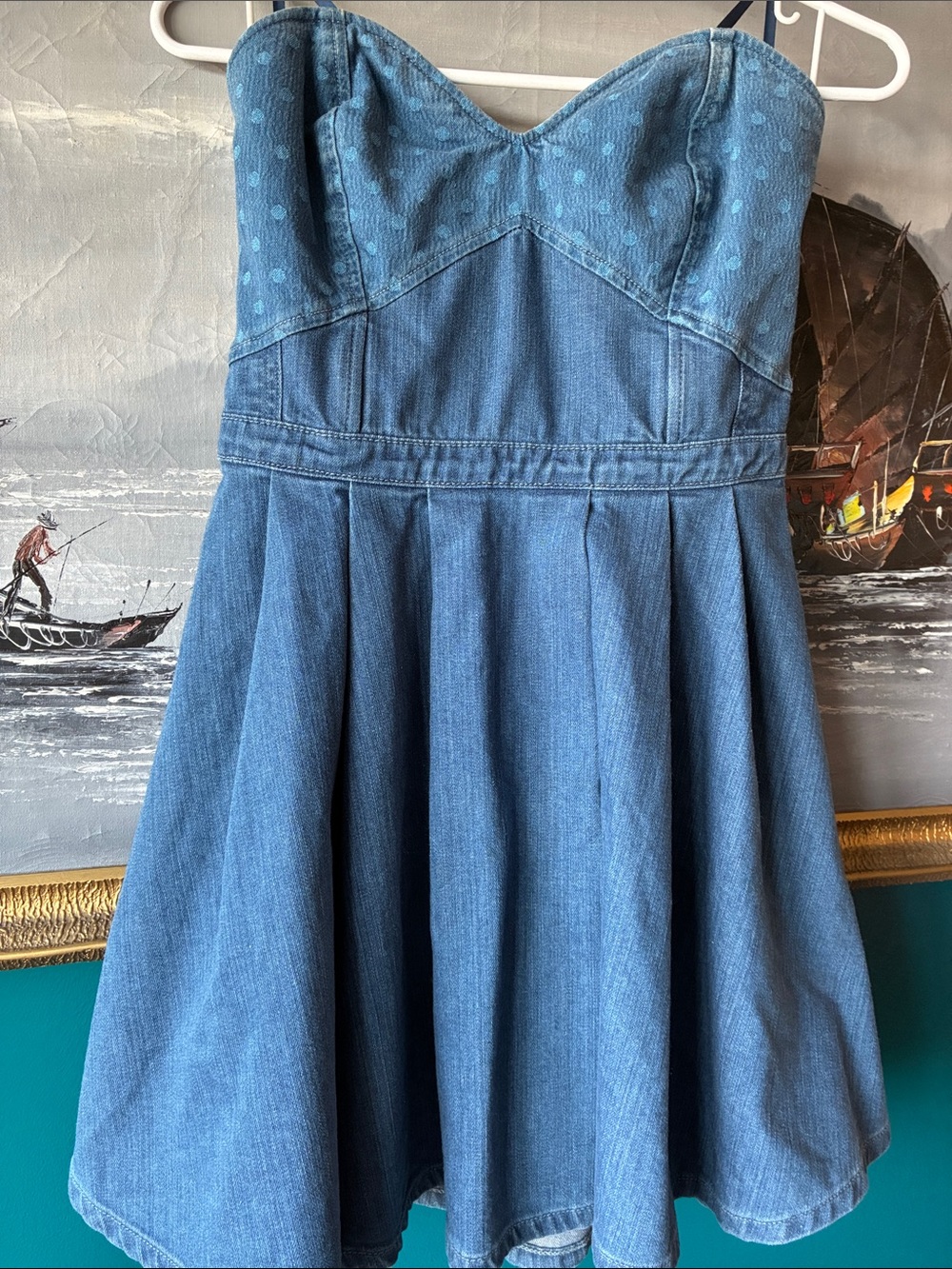 Vintage Guess  Strapless Denim Sweetheart Fit & Flare Dress | polka Dot | Size 6